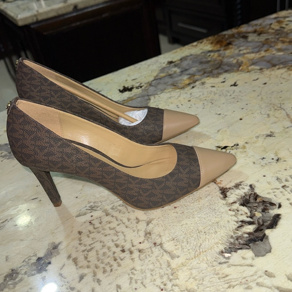 Michael Kors Brown Logo Pointed Toe Pumps with Tan Cap Toe